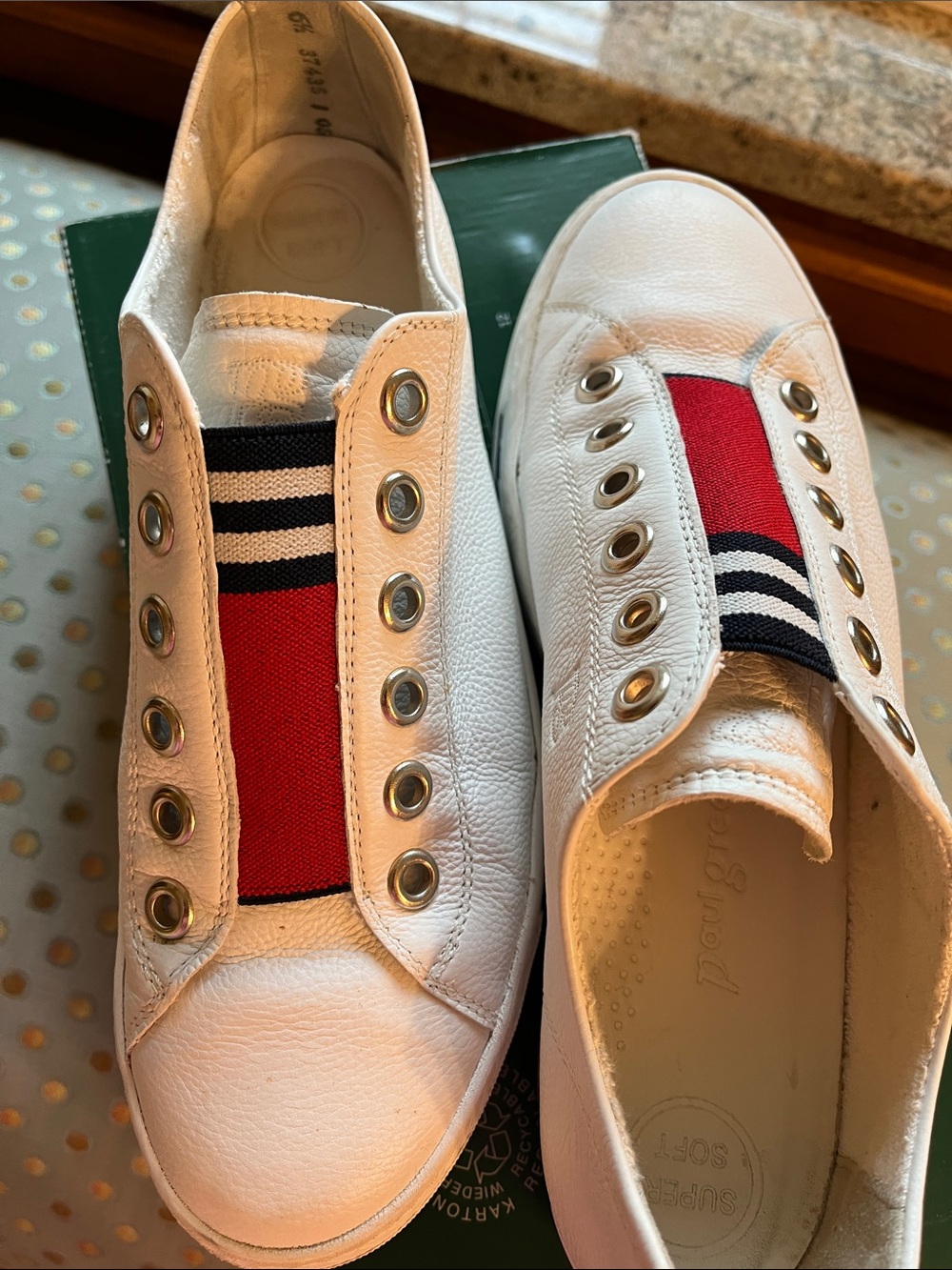 Women’s White Slip-On Sneakers with Red & Navy Elastic Panel